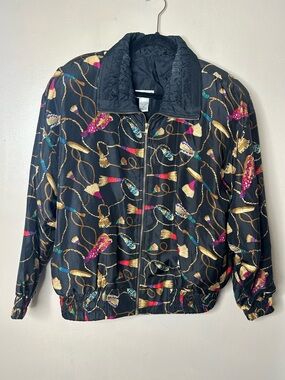 Vintage Suit Silk Black Bomber w/ pants Gold Chain & Multicolor Brush Motif